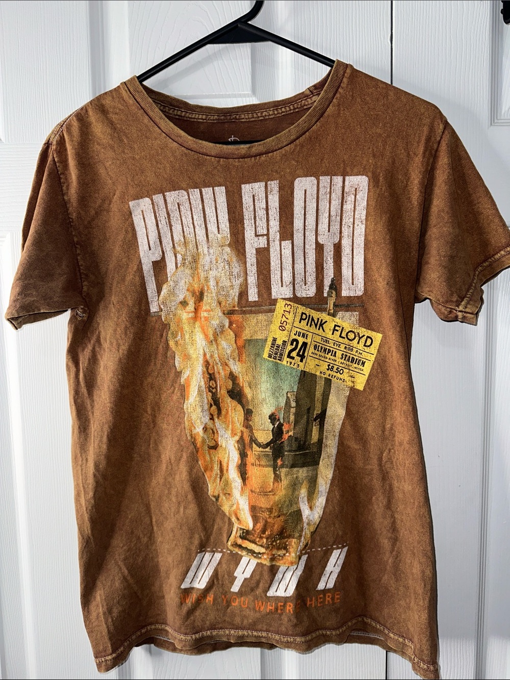Pink Floyd Brown Youth Band Tee with White Logo and Yellow Ticket